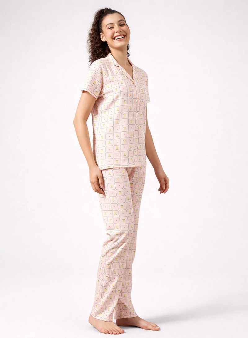 Clovia Orange Printed Button-Down Shirt & Pyjama Set in Peach Colour - 100% Cotton for Women | Best Price UAE